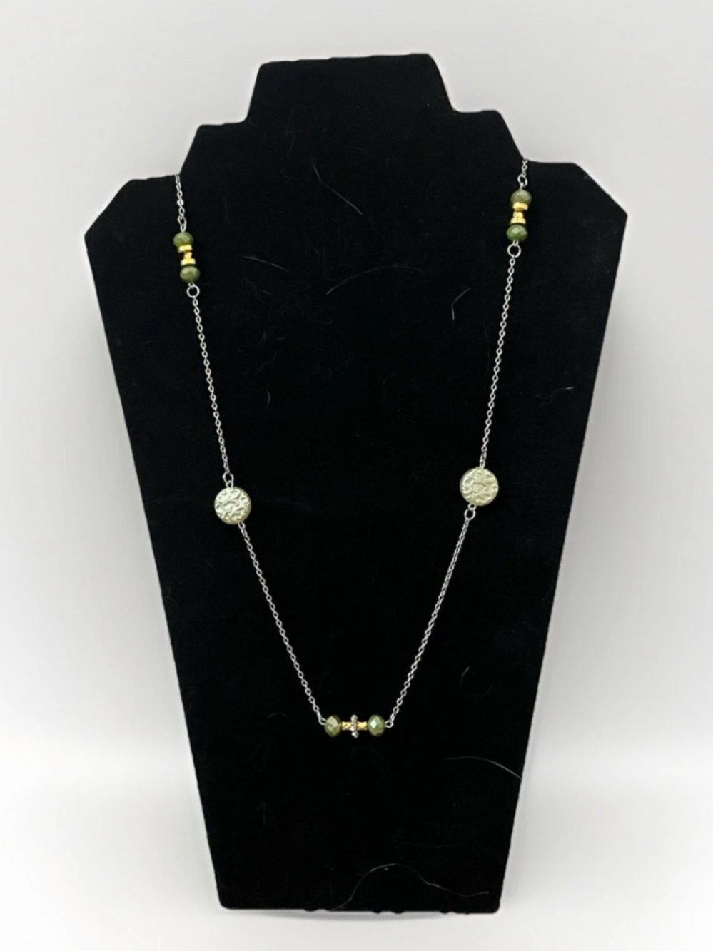 Handmade Silver Chain Long Station Fall Necklace Green Beaded Textured Disc Boho
